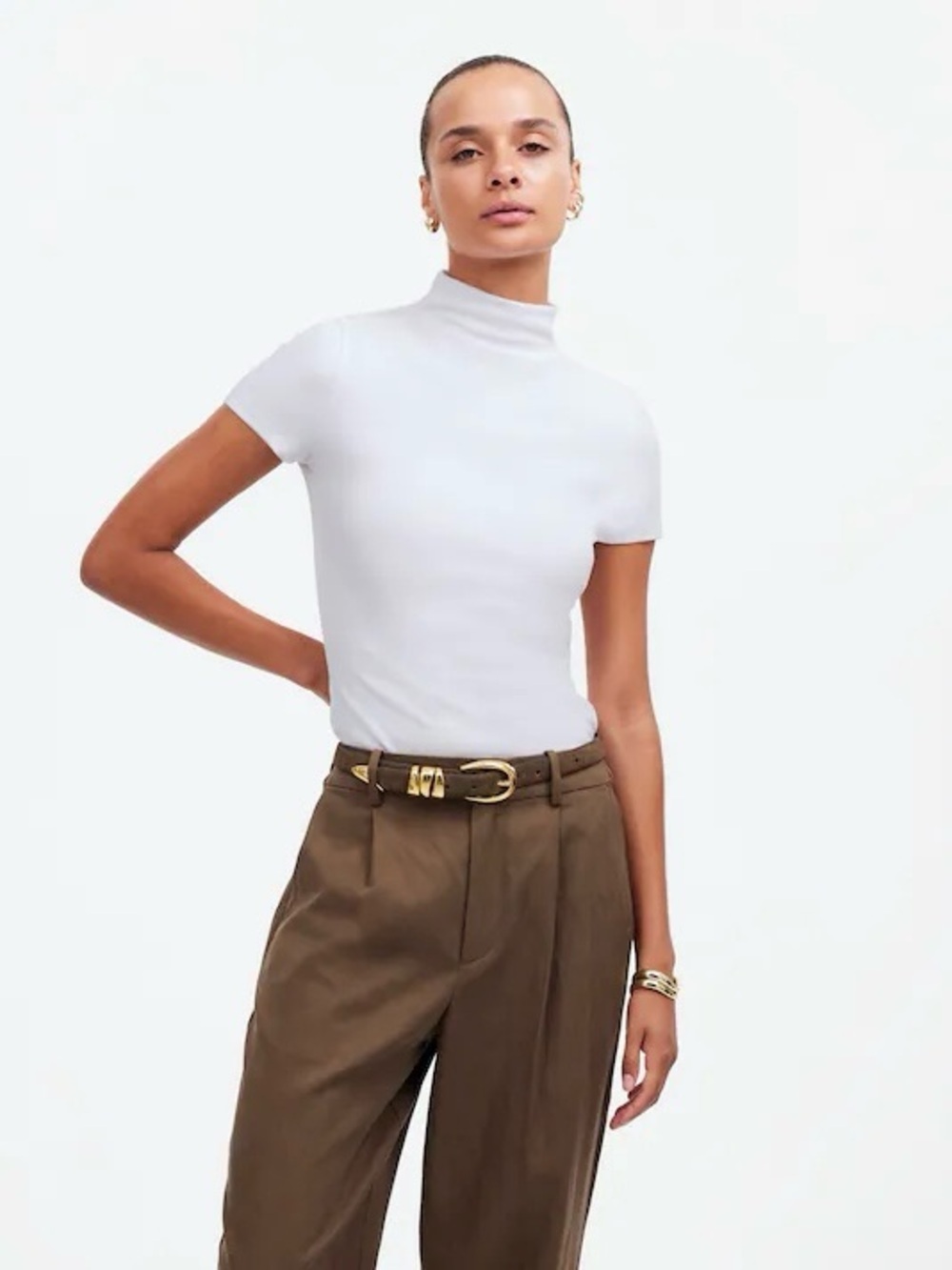 Madewell Top Short-Sleeve Mockneck Tee Cotton Modal Blend Eyelet White Sz S
